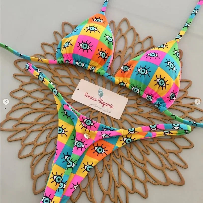 Print Sexy Bikini-Set – Y2K Neckholder & Lace-Up Design